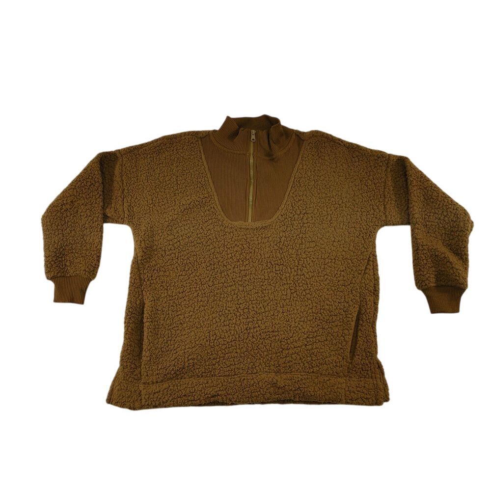 Aerie Cozy Teddy Quarter-Zip Sweater Brown Sherpa Fleece Mock Neck Size XS